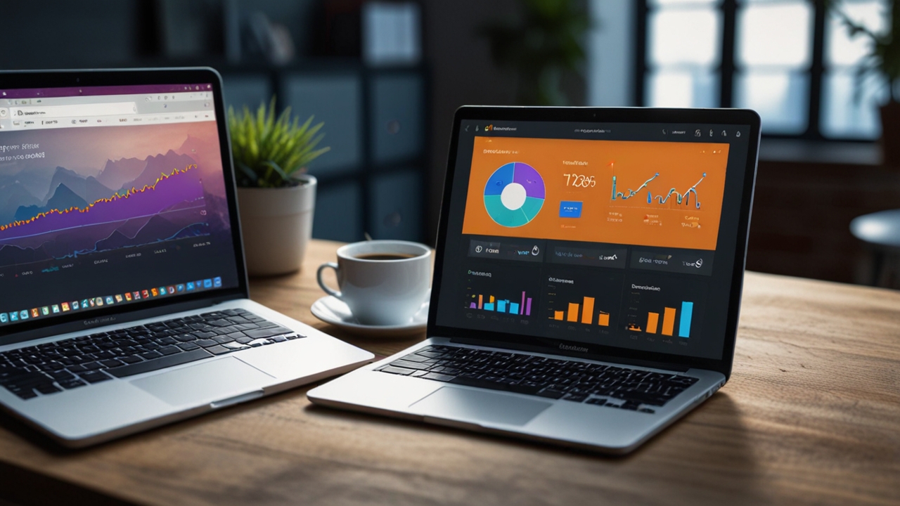 Comparação visual entre as plataformas de e-commerce WooCommerce, Shopify e Magento em dispositivos modernos mostrando seus painéis administrativos.