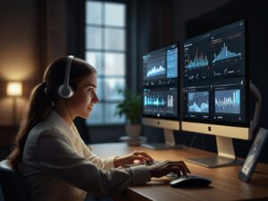 Profissional usando soluções de IA no atendimento ao cliente em múltiplos canais digitais.