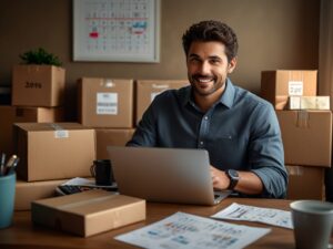 Empreendedor analisando estratégias de logística e-commerce com foco em opções de frete acessíveis e rápidas.