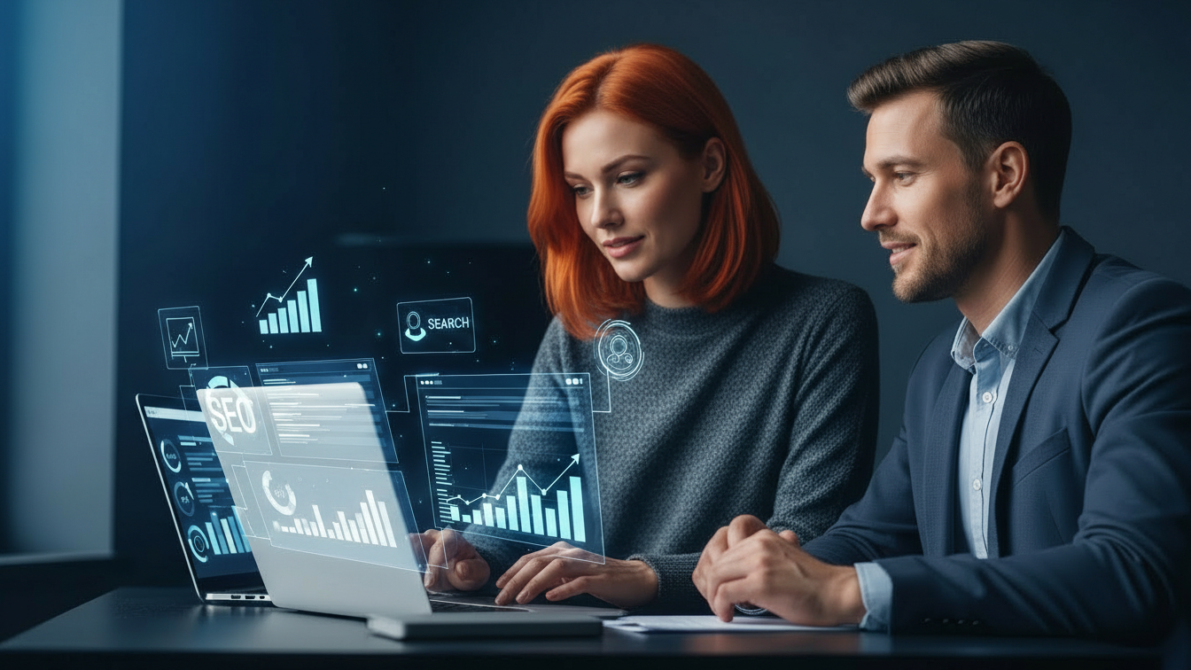 Consultoria SEO WordPress com especialista analisando performance e crescimento orgânico de site em ambiente profissional de tecnologia