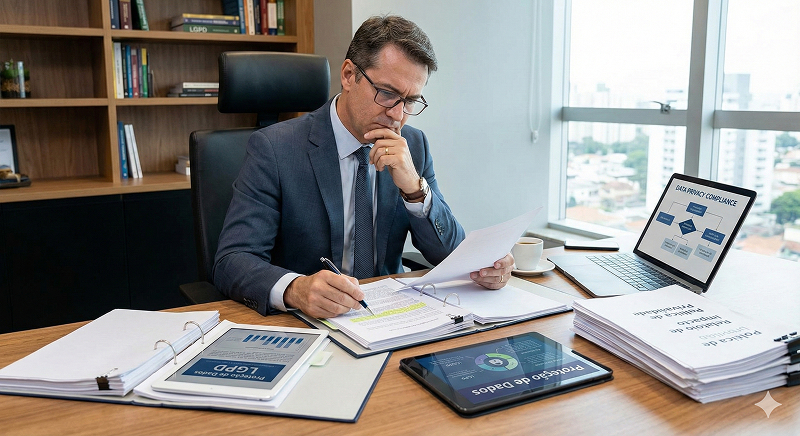 Empresário analisando documentos e estratégias relacionadas à proteção de dados e como se adequar à LGPD. 1