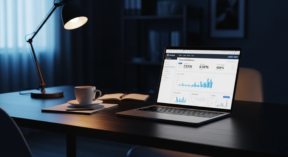 Notebook exibindo dashboard de performance de sites em ambiente escuro com iluminação profissional e gráficos de métricas na tela.