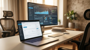 Escritório moderno com monitor e notebook exibindo gráficos de análise de performance de sites e painel administrativo do WordPress.