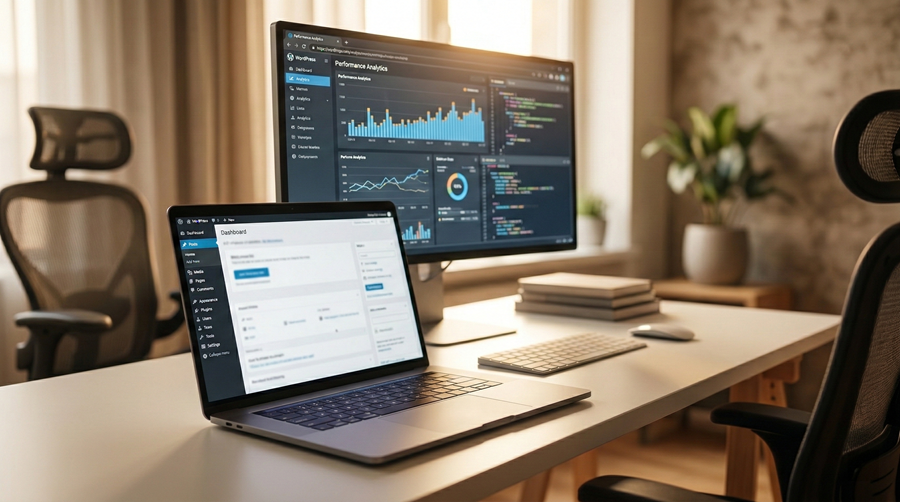 Escritório moderno com monitor e notebook exibindo gráficos de análise de performance de sites e painel administrativo do WordPress.